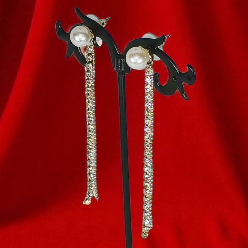 Pearl Stud Rhinestone Linear Drop Fringe Earrings Modern Retro Glam Bling 1970s